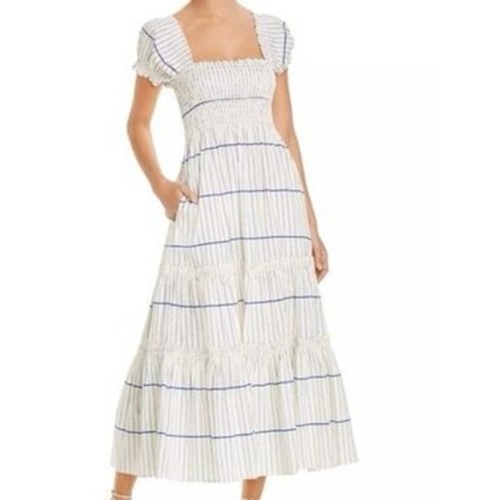 Tory Burch Smocked Tiered Maxi Dress Blue White Striped Puff Sleeve XS